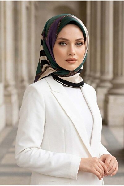 Vissona %100 Twill İpek Geometrik Desenli Lila - Petrol Yeşili Renkli 90x90 E...