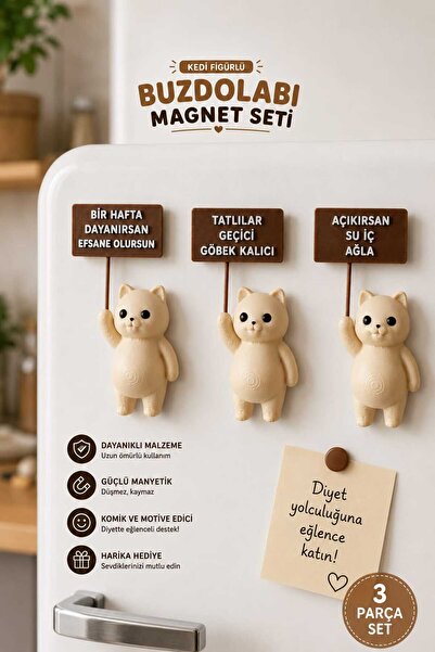 Lumis Home Kedicik Magnet Buzdolabı Süsü – Komik Yazılı Dekoratif 3'lü Kedi M...