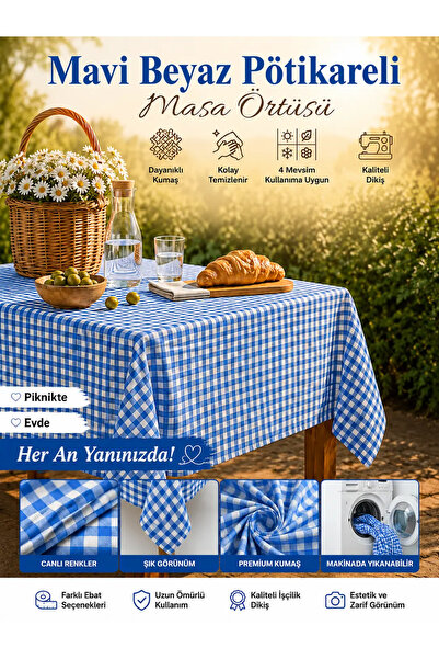 Ases Design Mavi Beyaz Pötikareli Piknik Örtüsü Masa Örtüsü Sofra Bezi Çok Am...