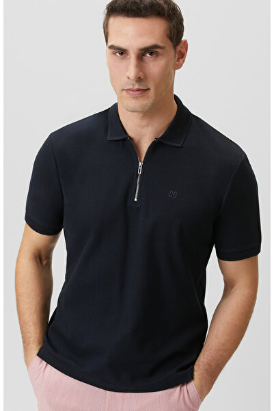 Network Lacivert Fermuarlı Polo Yaka Jakarlı T-shirt