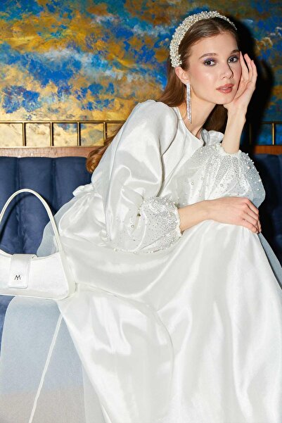Manuka Steinbesetztes Organza-Abendkleid in Ecru