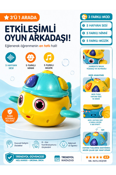 BALUMİ Işıklı Müzikli Balık Oyuncak Bebek Piyanosu Hayvan Sesli Eğitici Oyunc...