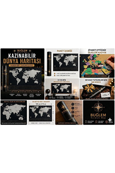 BUĞLEM Kazınabilir Dünya Haritası 70x100 cm En Büyük Boy Kolay Kazınabilir Ha...