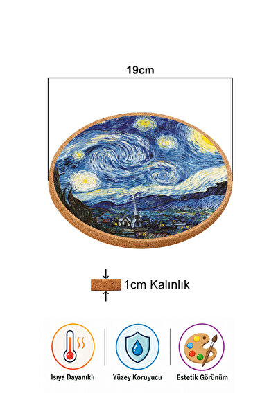 iyi fikirler Van Gogh Yıldızlı Gece Mantar Nihale Tencere Tava Altlığı 19cm Çapında 1cm Kalınlığında