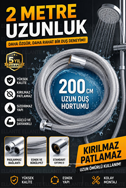 Long Luxury Braided Anti-Shatter Shower Hose 200 Cm Length High Quality Grey