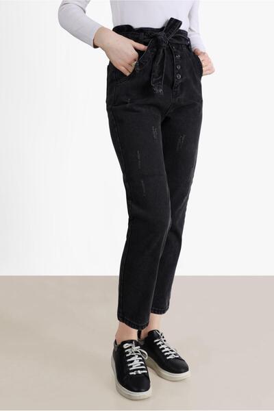 TRENDTESETTÜR Women's Black Paperbag Denim Pants 214