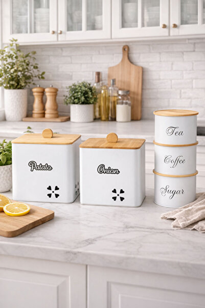 decorev Bambu Kapaklı Metal Patates ve Soğan Saklama Kovası Kare & Çay Kahve Şeker Kavanoz Seti – BEYAZ