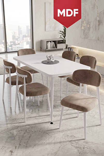 Canisa Runes Serisi MDF Sabit 80x130 Beyaz Mutfak Masası Takımı 6 Cappucino S...