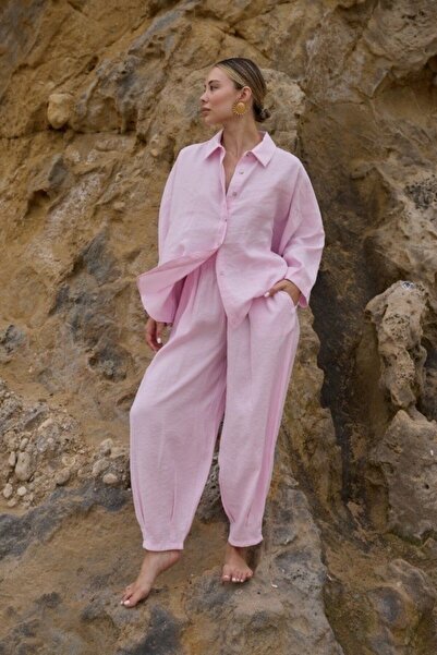 Suziş Γυναικείο Ροζ Oversize Πουκάμισο και Φαρδύ Παντελόνι Σετ 50957