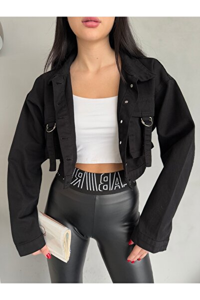 alanora Women's Cargo Pocket Detailed Oversize Crop Denim Jacket