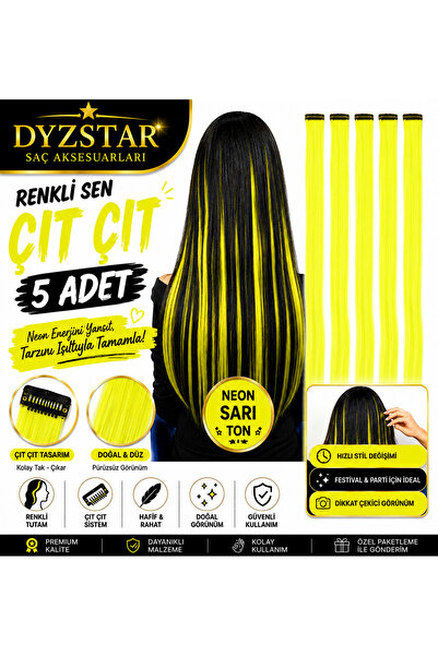 DYZSTAR وصلات شعر ملونة من سين تشات تشات، 5 قطع، لون أصفر نيون، مشبك شعر مؤقت...