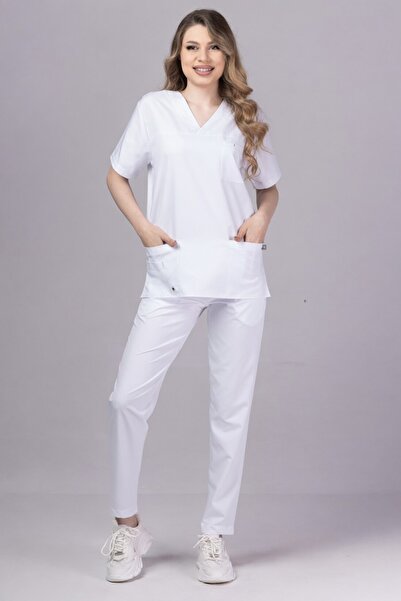 tag Costum medical pentru femei, bluză și pantaloni, STELLAR Alb, 100% Polisp...