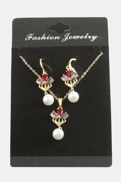 ZERO LAND Glblseme Flower Pearl Zircon Stone (31646) Set Necklace-Colorful