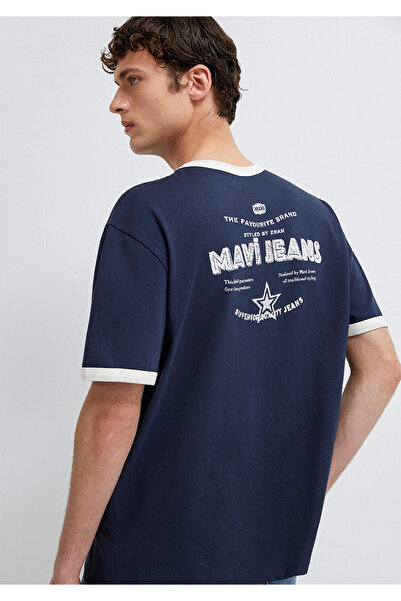 Mavi Printed Piping Detailed Navy Blue T-Shirt Loose Fit / Comfortable Cut 06...