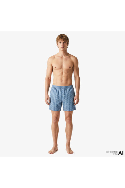 Lacoste Mid Monogram Print Swim Erkek Mavi Deniz Şortu