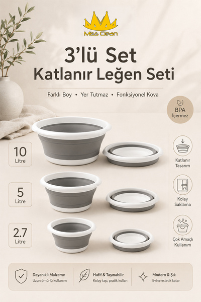 Miss Clean 3'lü Set Katlanır Leğen Seti Farklı Boy Yer Tutmaz Fonksiyonel Kov...