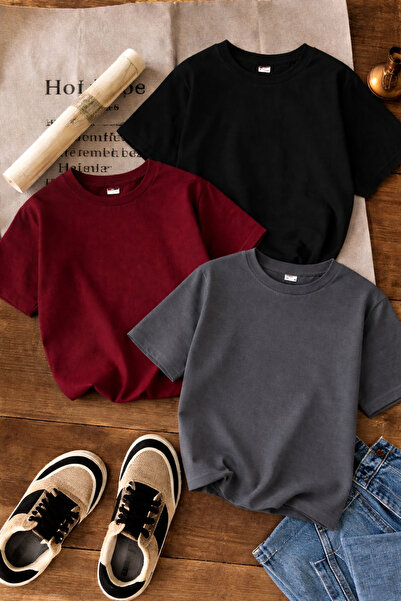 SANTAMİLA 3 lü Füme Bordo Siyah Düz T-shirt