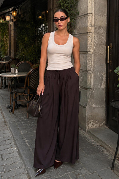 Madmext Acı Kahve High Waist Pleated Relaxed Cut Women's Sweatpants Mg2823