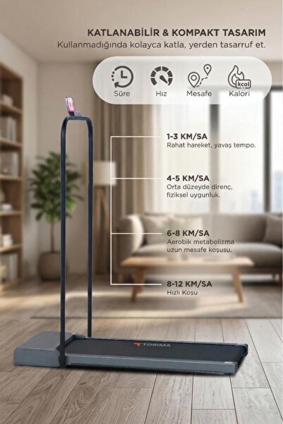Torima Koşu Bandı Ayarlanabilir Bluetoothlu Uzaktan Kumandalı Katlanabilir Yürüme Bandı VEP1002 Siyah