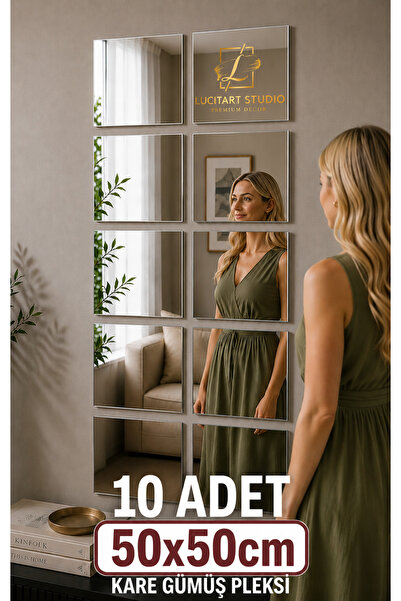 LucitART 10 Adet 50x50cm Kare Gümüş Pleksi Ayna Kendinden Yapışkanlı Dekorati...