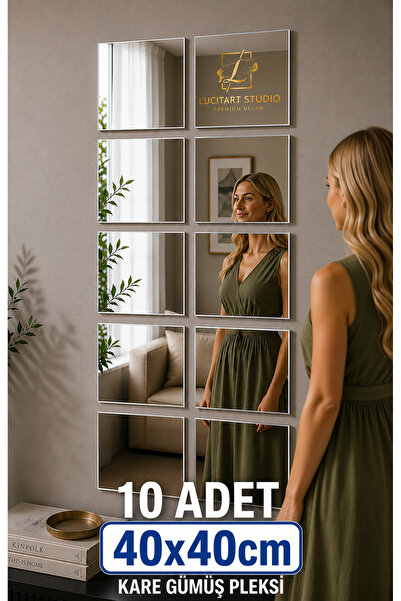 LucitART 10 Adet 40x40cm Kare Gümüş Pleksi Ayna Kendinden Yapışkanlı Dekorati...