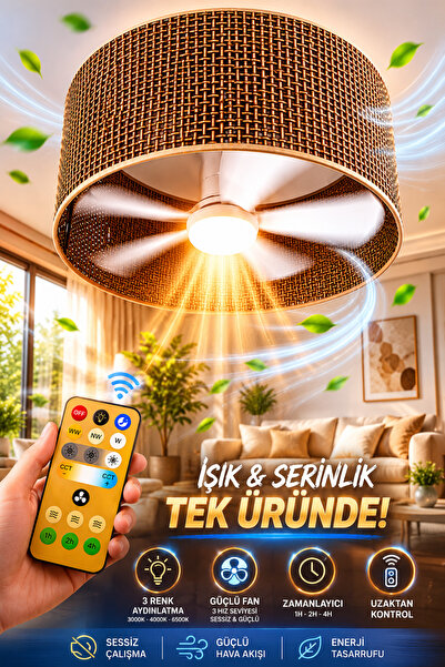NisaLuce Meltem Rattan Vantilatör Avize-KAHVE Kumandalı Tavan Vantilatörü & A...