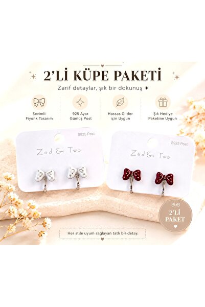 1PARÇAMAVİ 2li set şeklinde Kırmızı beyaz fiyonk klipsli çocuk küpesi - delik...