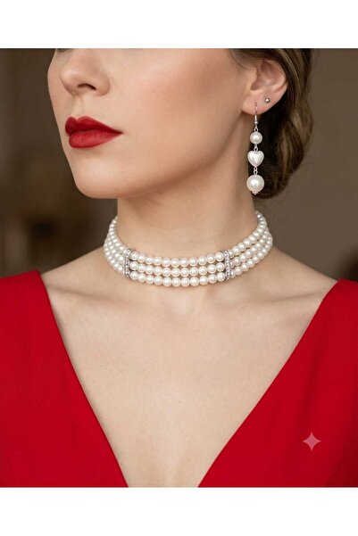 MYSTERY TAKI AKSESUAR ZIRCON STONE CHOKER PEARL NECKLACE