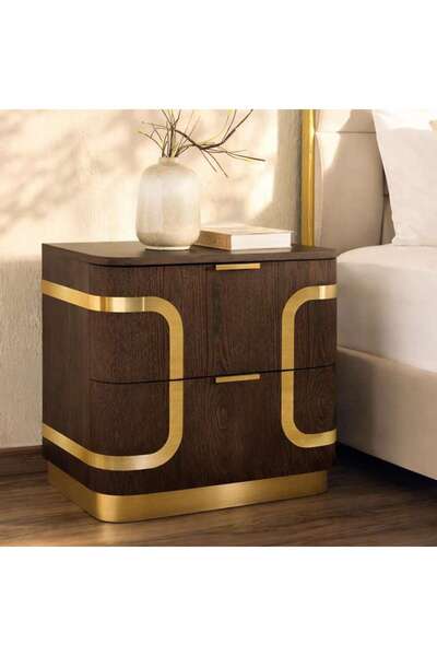 PAN HOME Chandni Night Stand With 2 Drawer - Brown & Gold