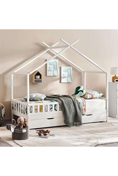 PAN HOME سرير أطفال فردي من الكتان مع درج 90x190 سم - أبيض ~ أبيض