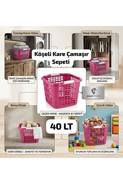 ÇEÇEN HOME Köşeli Kare Çamaşır Sepeti Kare Çamaşır Selesi 35 LT