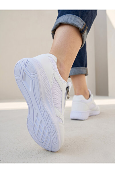 Moda Devrin Beyaz Yan Fermuarlı Konforlu Ortopedik Casual Sneaker