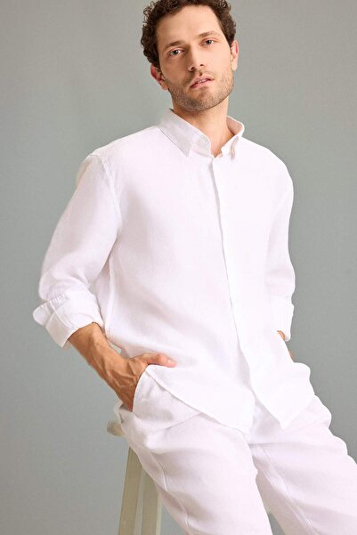 DeFacto %100 Keten Regular Fit Polo Yaka Yazlık Basic Düz Uzun Kollu Beyaz Gö...