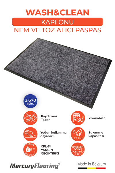 Zemincim Wash & Clean Gri Kapı Önü Nem Ve Toz Alıcı Paspas