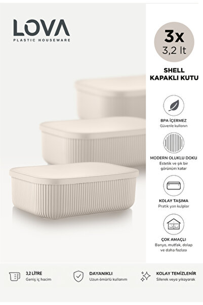 Lova Çizgili Çok Amaçlı Düzenleyici Kapaklı Saklama Kutu 3,2 L (3 Adet )(KREM)