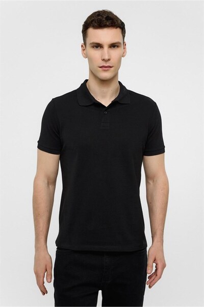 SÜVARİ Tricou negru, subțire, cu fermoar și guler polo