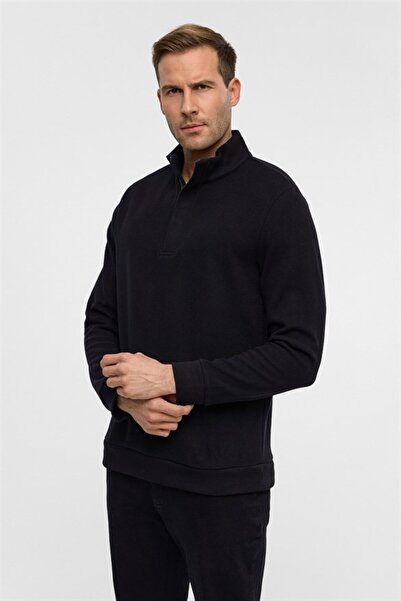 SÜVARİ Siyah Regular Düz Fermuarlı Polo Yaka Sweatshirt