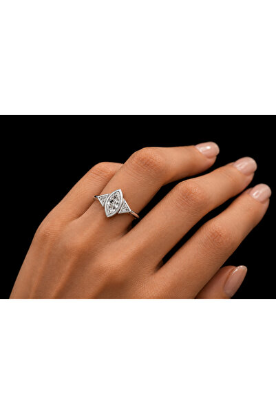 Cecile Jewellery Mekik Beyaz Altın Kaplama Gümüş Yüzük, 925 Ayar Zirkon Mekik...
