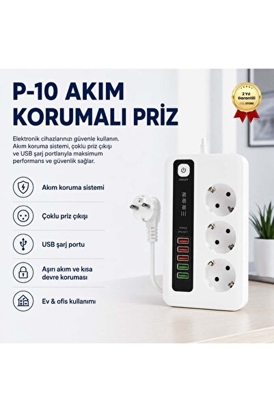 hızlı store Protech P10 Akım Korumalı Çoklu Priz – USB Girişli, Anahtarlı, Yü...