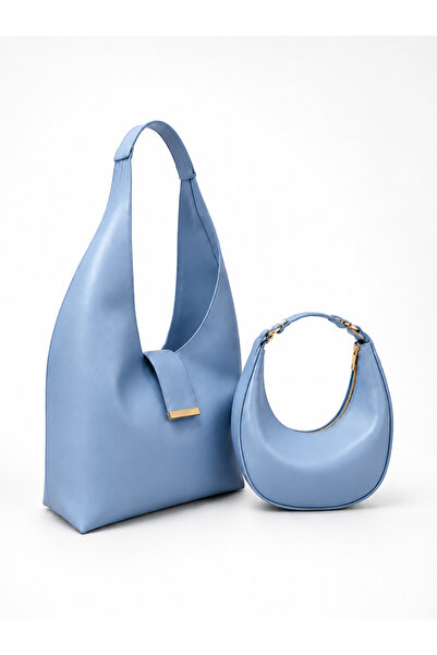 fular & bags Women's Double Set Blue Hand and Shoulder Bag with Zipper Closure