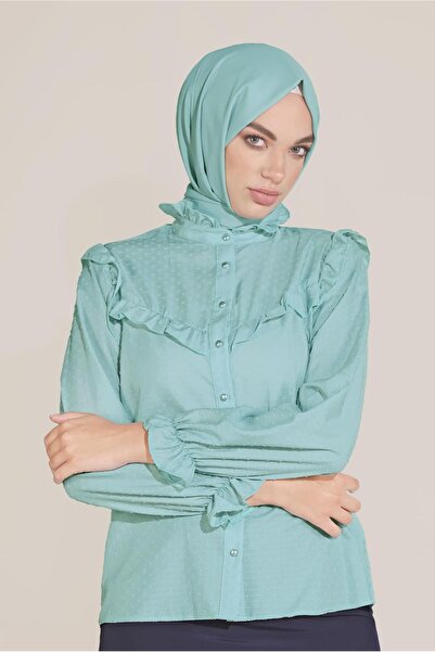 TRENDTESETTÜR KADIN MAVİ (AQUA)  	FIRFIR DETAYLI DÜĞMELİ BLUZ 40798