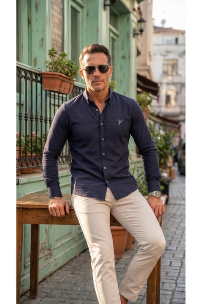 MEGALDİ Erkek Slim Fit Lacivert Likralı Esnek Uzun Kollu Gömlek