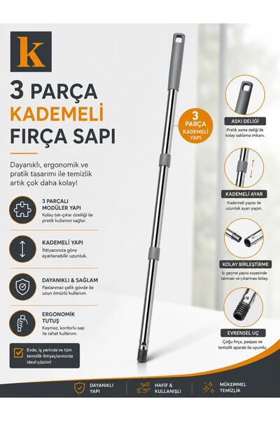 KEP 3 Parça 120 cm Vidalı Mop & Fırça & Oto Fırça Sapı | Ayarlanabilir Uzunlu...