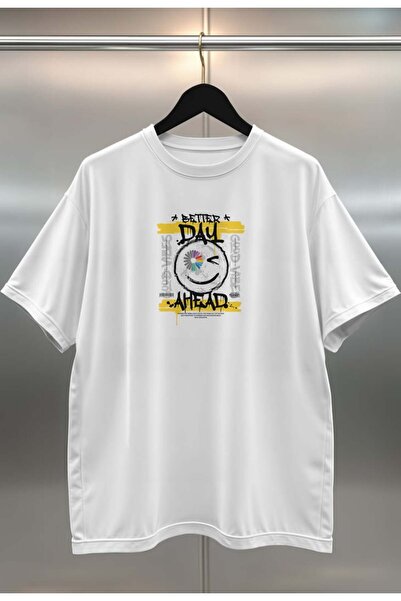 buzagi Urban Digital Print Oversize White Unisex T-Shirt