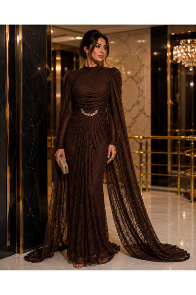 Hennin Lace Fabric Shawl Sleeves Evening Dress with Stone Accessories 5157