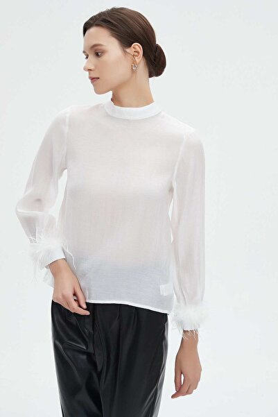 mica High Neck Long Sleeve Blouse with Fur Trim