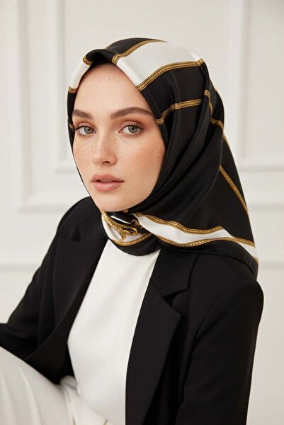 Vissona %100 Twill İpek Barok Ve Şerit Desenli Siyah - Krem Renkli 90x90 Eşar...