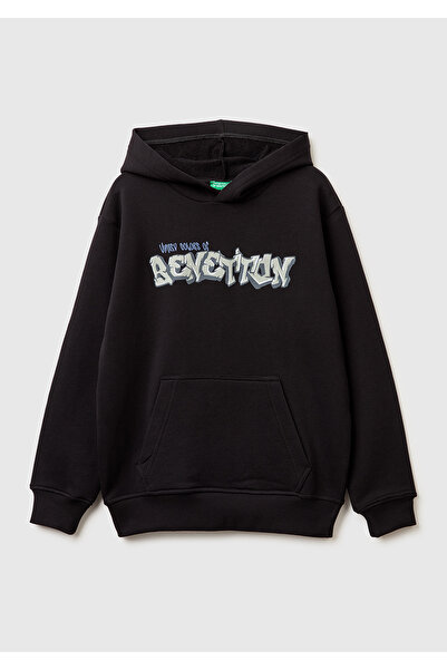 United Colors of Benetton Boy's Black Front Logo Printed Kangaroo Pocket Hood...
