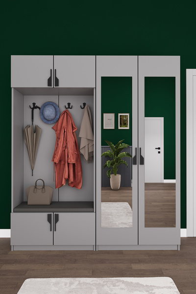 asratrend Lüks Aynalı Portmanto Askılı Vestiyer %100 MDF Çok Raflı Ayakkabılı...