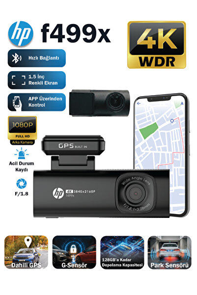 HP F499X 4K FULL HD, Araç İçi Ön + Arka Kamera, 1.5 inch LCD Ekranlı (RESMİ D...
